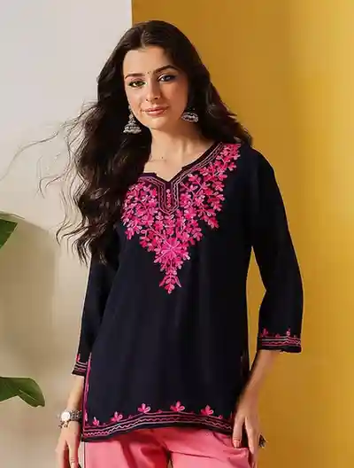 FEMBLISS Kashmiri Aari Work Viscose Rayon V-Neck Straight Kurti